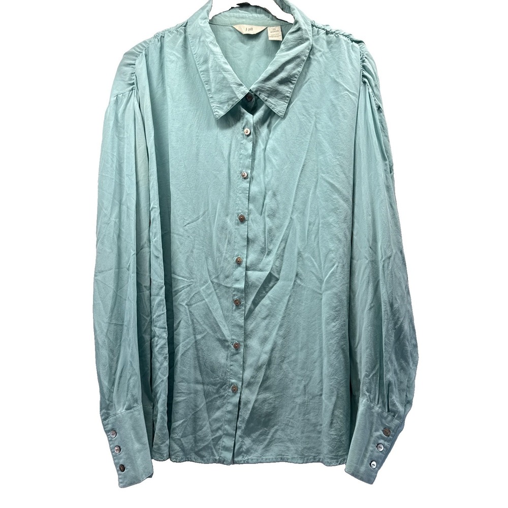 J Jill Womens Tunic Top Size 2X 100% Silk Solid Aqua Blue Button Up Long Sleeves